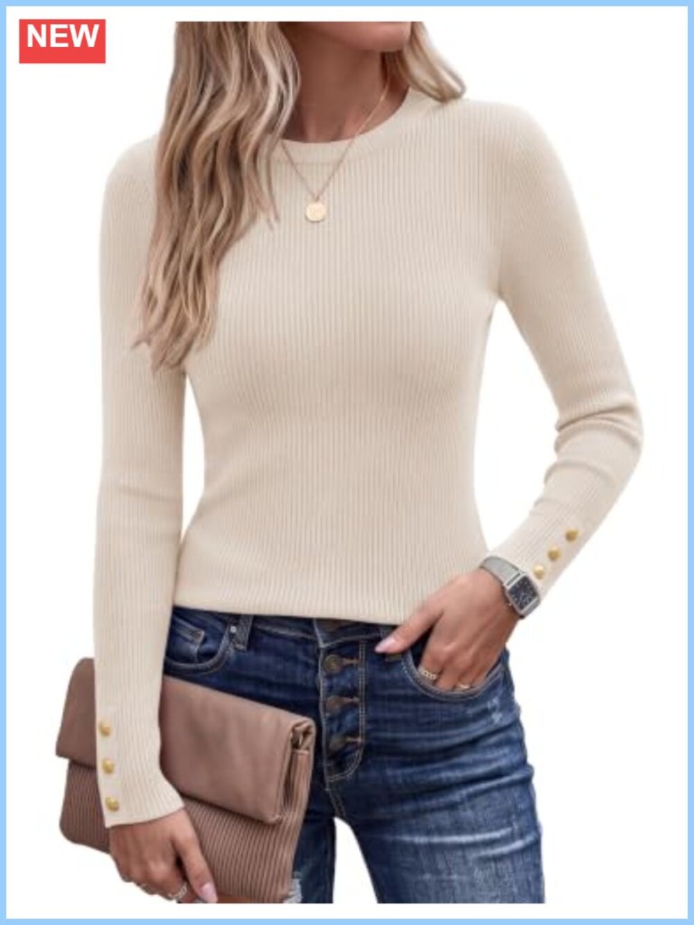 Women's Cozy Ribbed Knit Crew Neck Pullover Sweater Fitted Long Sleeve Top